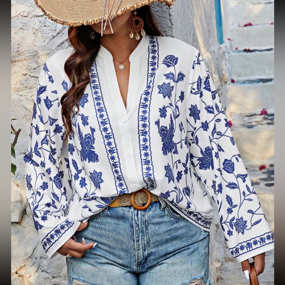 Boho Plus Size Floral Print Top Blouse Button Down Shirt White Blue